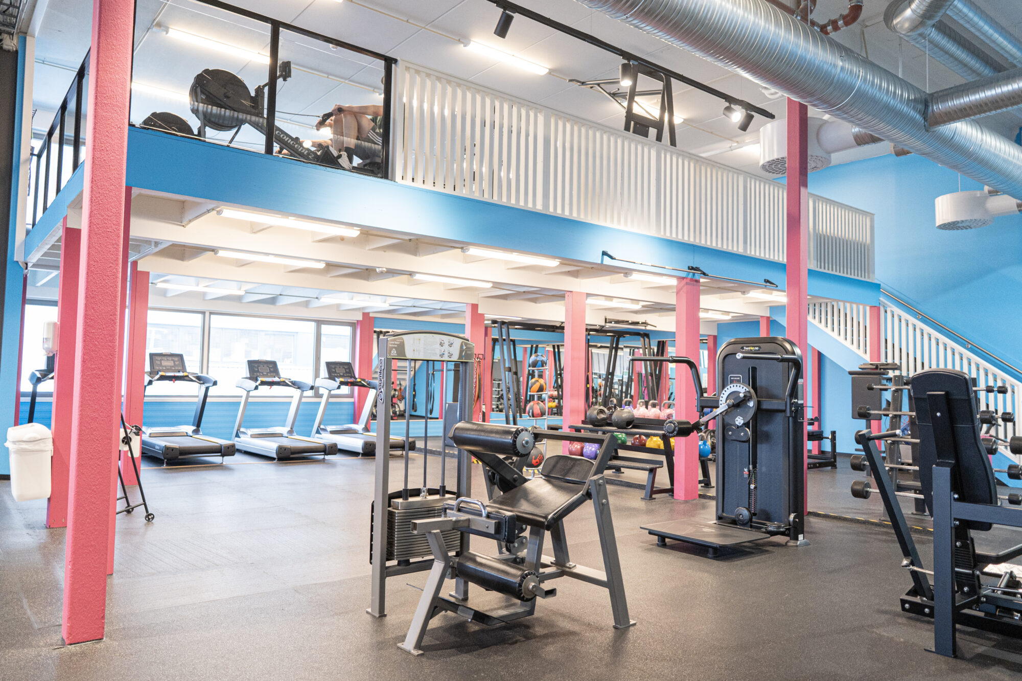 Lyst og romslig treningsområde på TrenHer Nardo, med styrkeapparater i front og tredemøller i underetasjen. Øvre etasje med romaskiner og ekstra treningsplass.